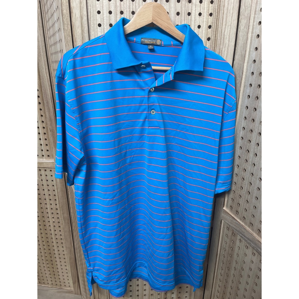 Peter Millar Summer Comfort Mens Blue Orange Striped Golf Polo Shirt Size Medium